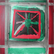 Red and green boxes painting done by one of the residence